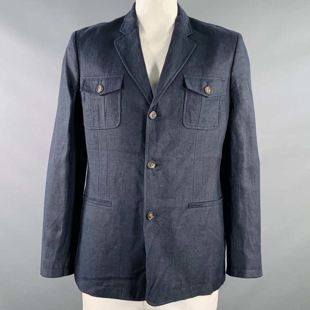 ELIE TAHARI Size 42 Redford Navy Hemp Linen Notch Lapel Jacket